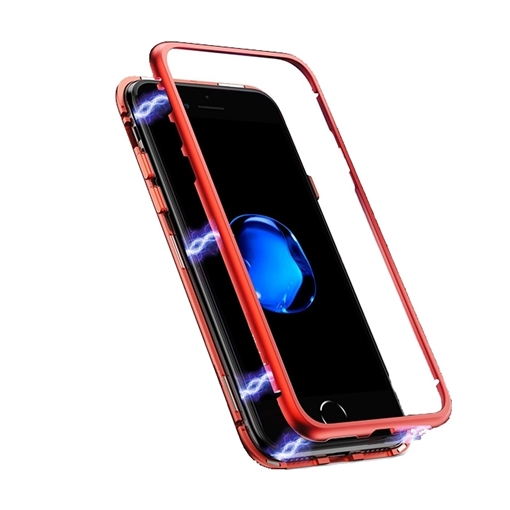 Picture of Magnetic Detachable Metal Frame Case with Tempered Glass Back View for Xiaomi Redmi Note 6 Pro - Color: Red