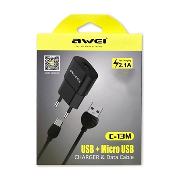 Picture of Awei C-13M Φορτιστής USB/Micro USB Fast Charging and Data Cable - Χρώμα: Μαύρο