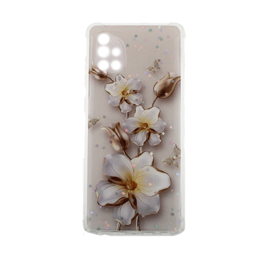 Θήκη Πλάτης Σιλικόνης για Samsung A715F Galaxy A71 -Σχέδιο: Λευκά-Χρυσά Λουλούδια