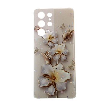 Εικόνα της Θήκη Πλάτης Σιλικόνης για Samsung Galaxy S21 Ultra 5G - Σχέδιο: Λευκά - Χρυσά λουλούδια