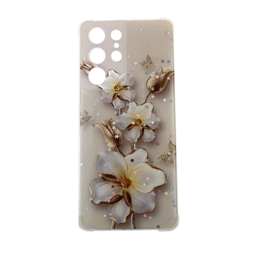 Θήκη Πλάτης Σιλικόνης για Samsung Galaxy S21 Ultra 5G - Σχέδιο: Λευκά - Χρυσά λουλούδια