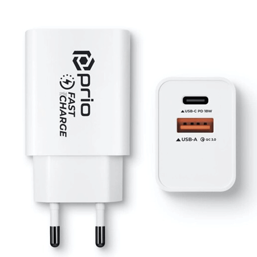 Prion Φορτιστής Fast Charge Wall Charger 18W PD(USB-C)+QC 3.0(USB-A) 3.0Α- Χρώμα: Λεύκο
