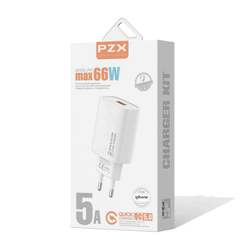 Picture of PZX P47 5A Fast Charging Φορτιστής SmartPhone με 1 θύρα Type-C και Καλώδιο σε Lightning 66W - Χρώμα: Λευκό